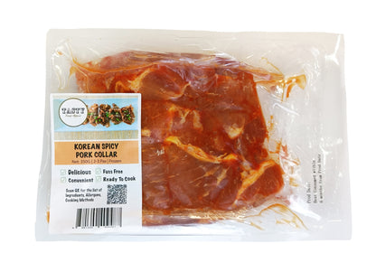 Packaged Korean Spicy Pork Collar with a label on a white background