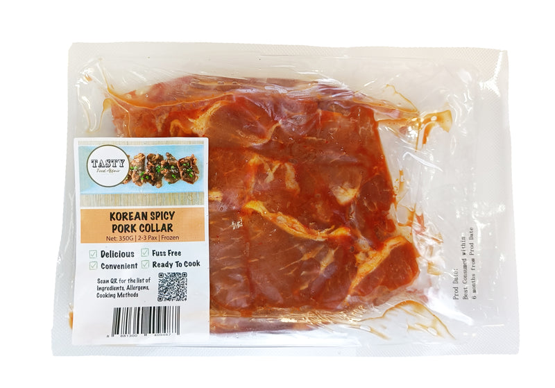 Packaged Korean Spicy Pork Collar with a label on a white background