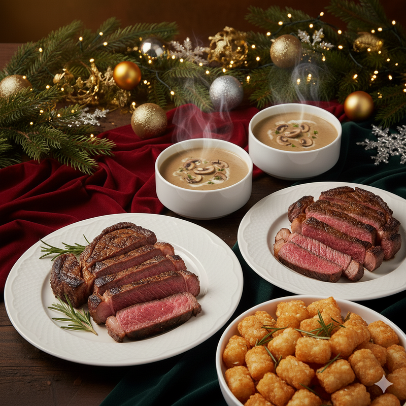Steak and tater tots with mushroom soup on a festive table setting.
