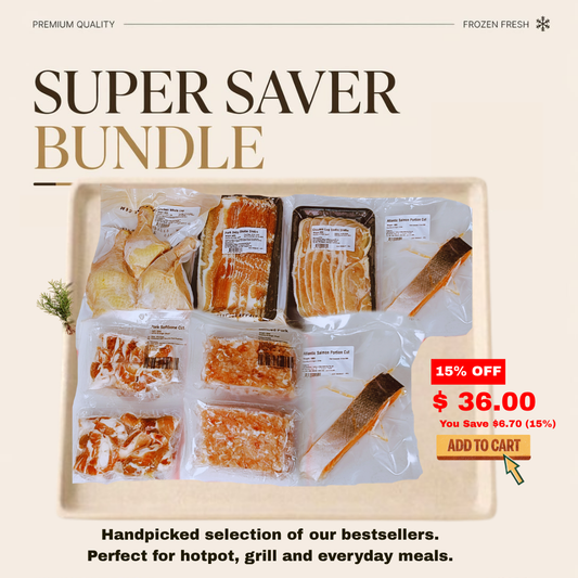 Super saver bundle of frozen food packages with promotional text on a beige background