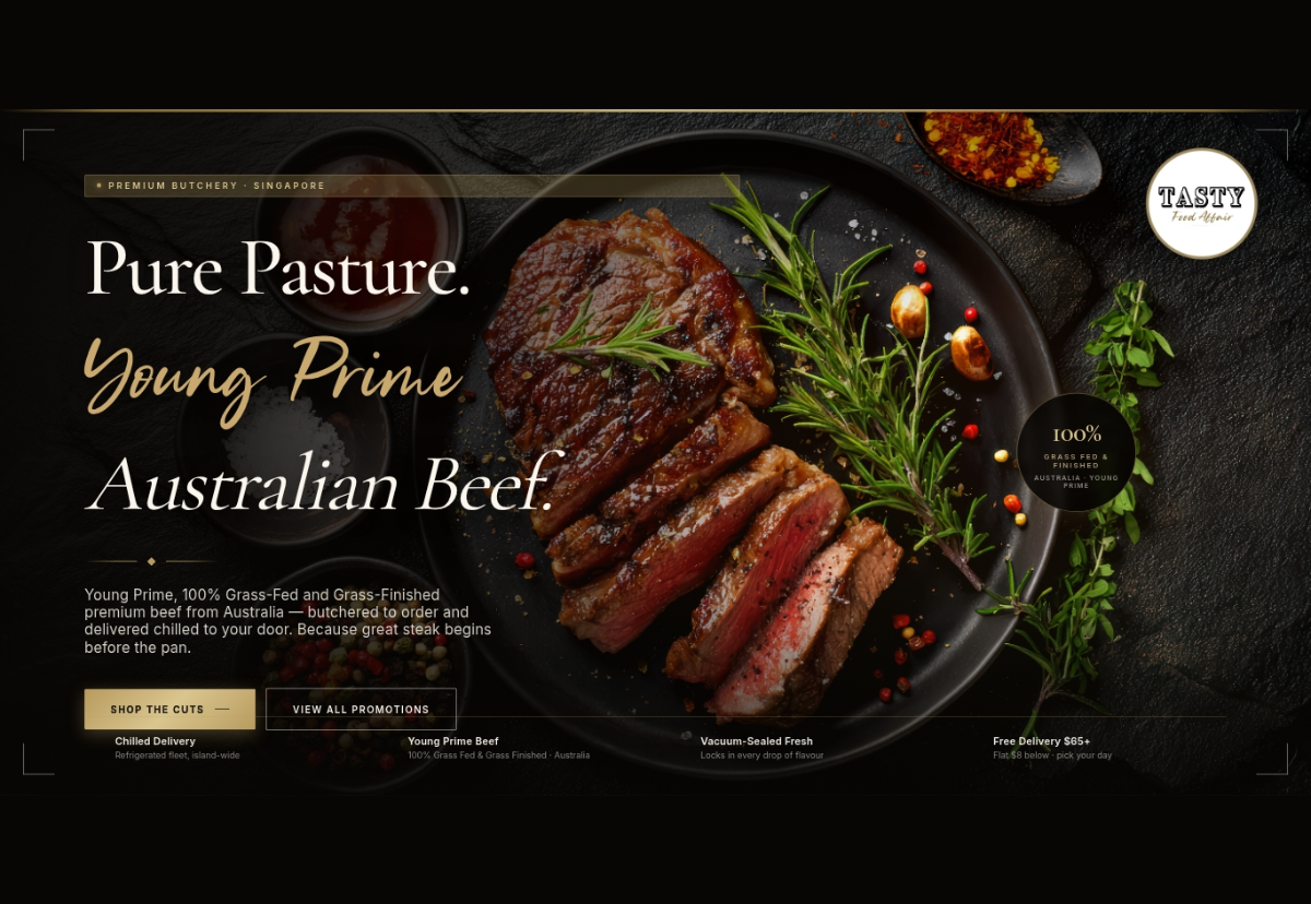 Promotional image of Australian beef with text and branding on a dark background