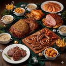 Assorted roasted meats and sides on a festive table with Christmas decorations.
