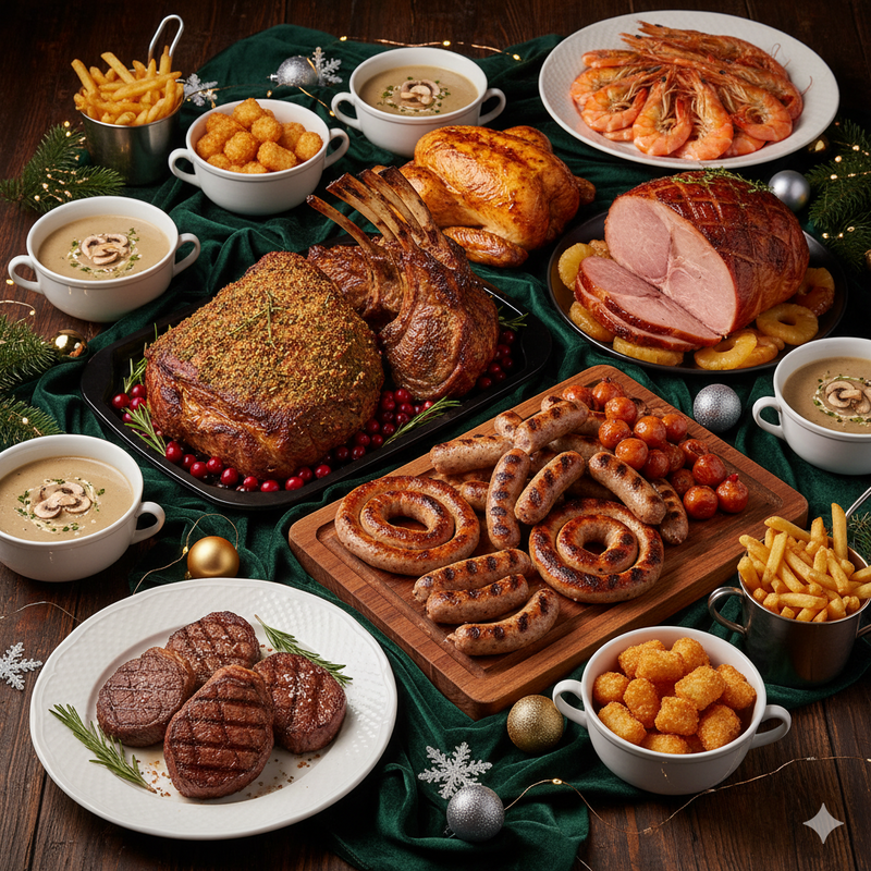 Assorted roasted meats and sides on a festive table with Christmas decorations.