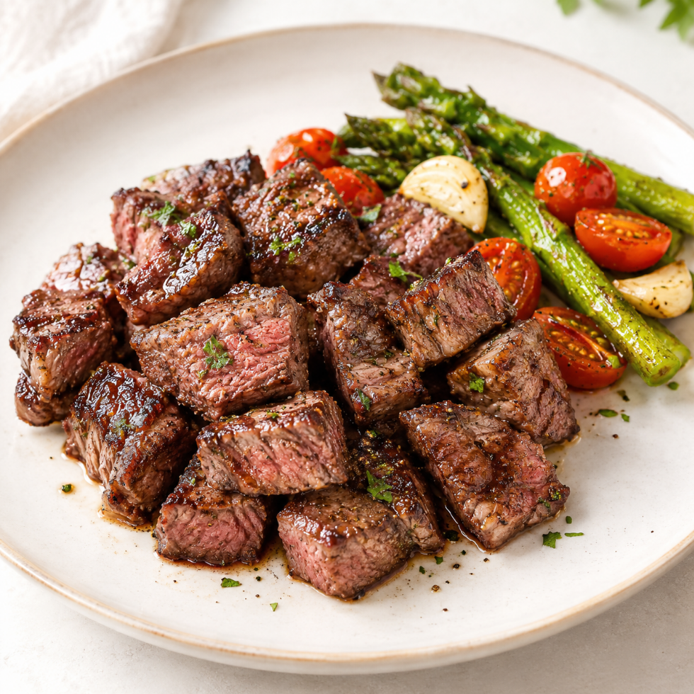 Grilled beef ribeye cubes served on a white plate with roasted asparagus, cherry tomatoes, and garlic.