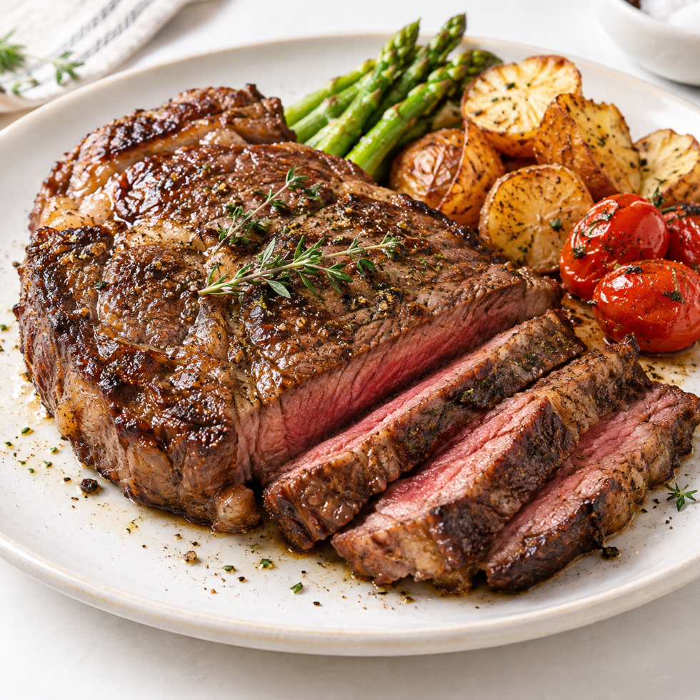 Grilled grain-fed ribeye steak sliced medium-rare with asparagus and roast potatoes – Tasty Food Affair