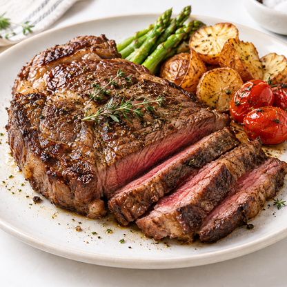 Grilled grain-fed ribeye steak sliced medium-rare with asparagus and roast potatoes – Tasty Food Affair