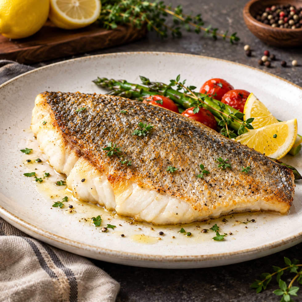 Pan-seared crispy-skin barramundi fillet with salad and lemon – Tasty Food Affair