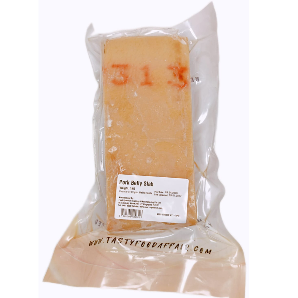Packaged pork belly slab with a label on a white background