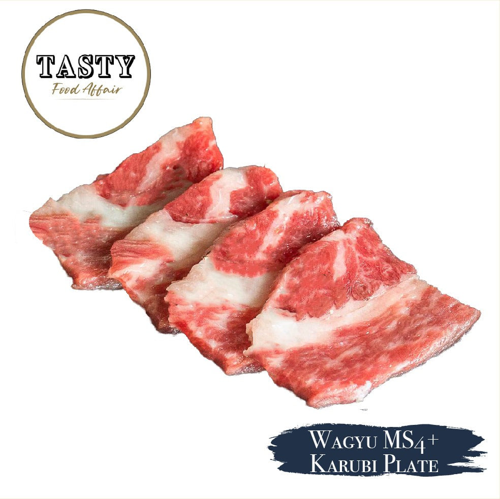 Raw meat slices with marbling on a white background, branded 'Tasty Food Affair'.