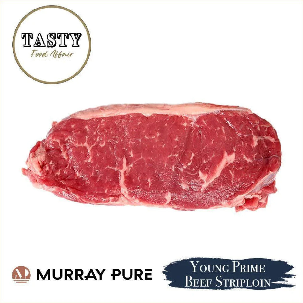 Young Prime grass-fed striploin steak from Australia, 250g, raw cut on butcher paper