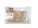 Package of raw chicken bones with a label on a white background
