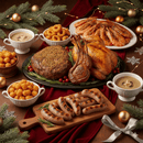 Dinner table set with roasted turkey, ham, sausages, and side dishes on a festive tablecloth.