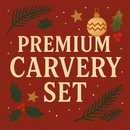 Red background with Christmas decorations and 'Premium Carvery Set' text