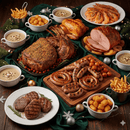 Assorted roasted meats and sides on a festive table with Christmas decorations.