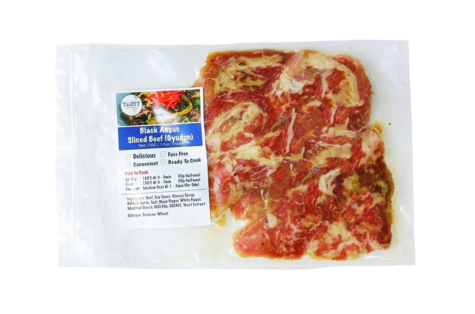Packaged sliced beef with a label on a white background