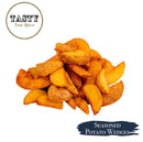 Seasoned potato wedges with 'Tasty Food Affair' logo on a white background